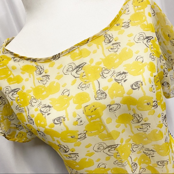 Sheer Yellow Rose Print & Striped Tie Front Blouse - Picture 2 of 6